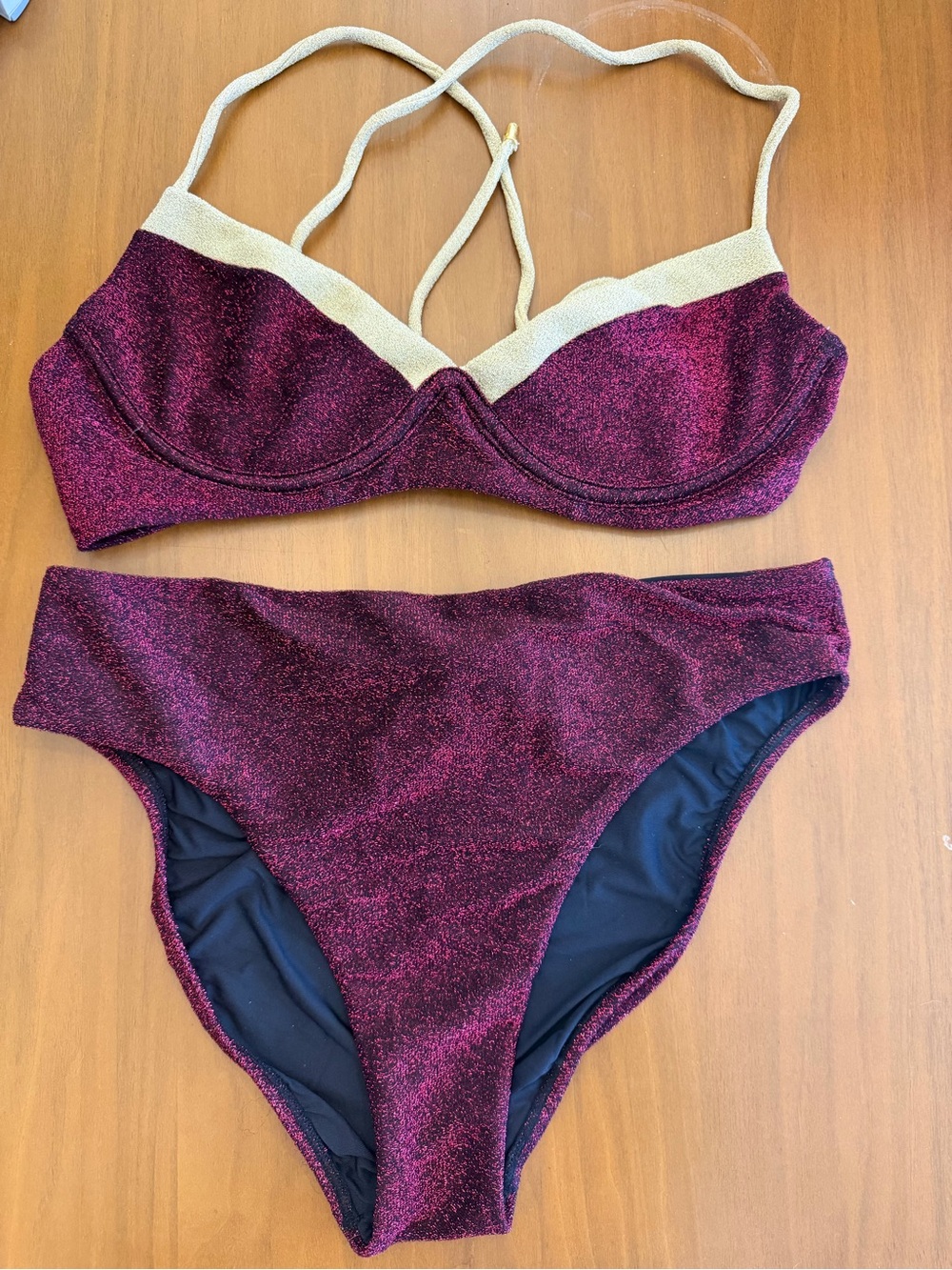 Shimmery Wine Purple Two-Piece Bikini with Gold Trim